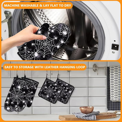 Spider Web Oven Mitts and Pot Holders Sets 4Pcs, Extra Long Oven Gloves - Image 5
