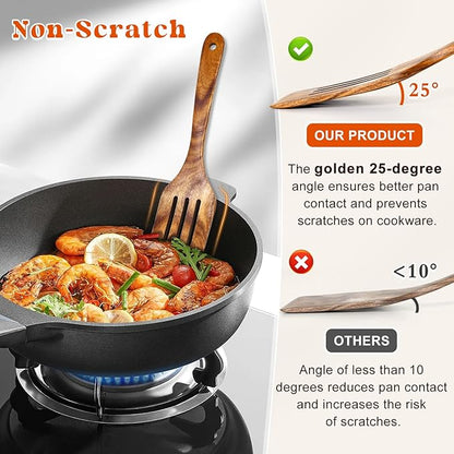 2Pcs Wooden Spatula, Acacia Solid & Slotted Turner Spatula Set, Long Handle - Image 3