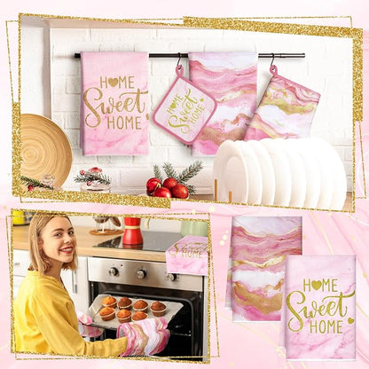 Bencailor 6 Pcs Marble Kitchen Decor Gold Pot Holders Oven Mitts 2 Dish Towels - Image 2