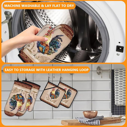Rooster Oven Mitts and Pot Holders Sets 4Pcs, Extra Long Oven Gloves Potholder - Image 5