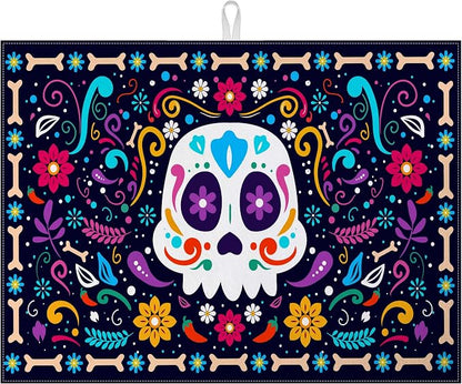 Sugar Skull Dish Drying Mat for Kitchen Counter Microfiber Absorbent Dish Day by VisittheDuibelproduct