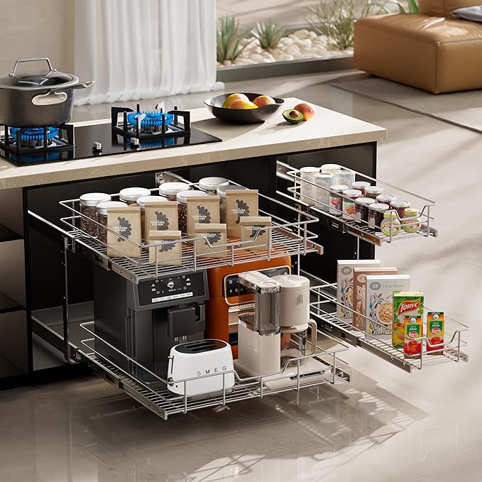 2 Tier Pull Out Cabinet Organizer 18" W X 22" D, Slide Out Drawers - Image 7