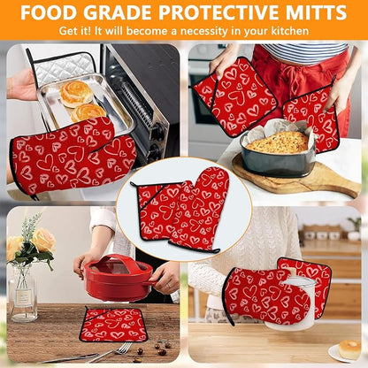 White Love Hearts Oven Mitts and Pot Holders Sets 4Pcs, Extra Long Oven Gloves - Image 7