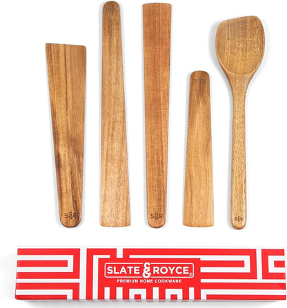 SLATE & ROYCE 5-Piece Acacia Wood Utensil Set, Non-Toxic Wooden Kitchen Tools by SlateRoyce