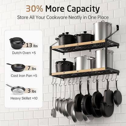 KES 132lb Heavy Duty Hanging Pot Rack Wall Mounted, 34 Inch Solid Wood Pot Rack - Image 2