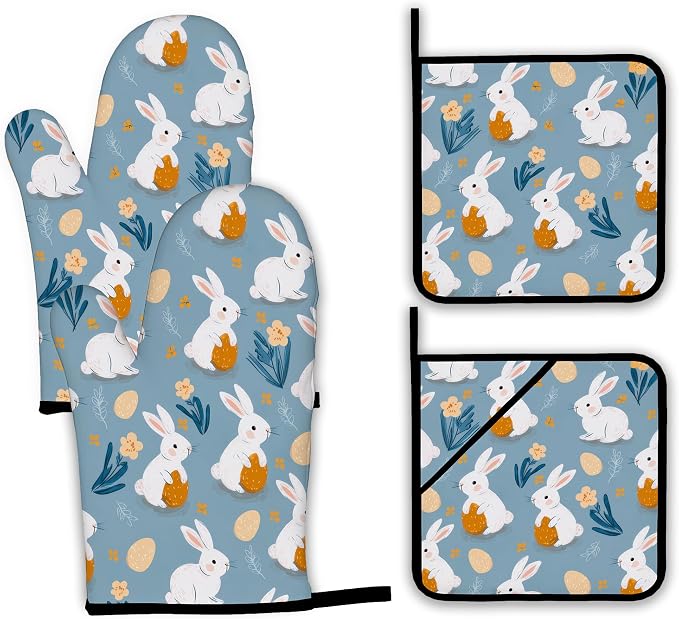 Easter Oven Mitts and Pot Holders Set, Cute Rabbit Kitchen Decor Heat Resistant by Unknown