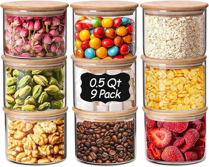 ComSaf 0.5 Qt Glass Food Storage Jars Set of 9, Pantry Organization Jar by ComSaf