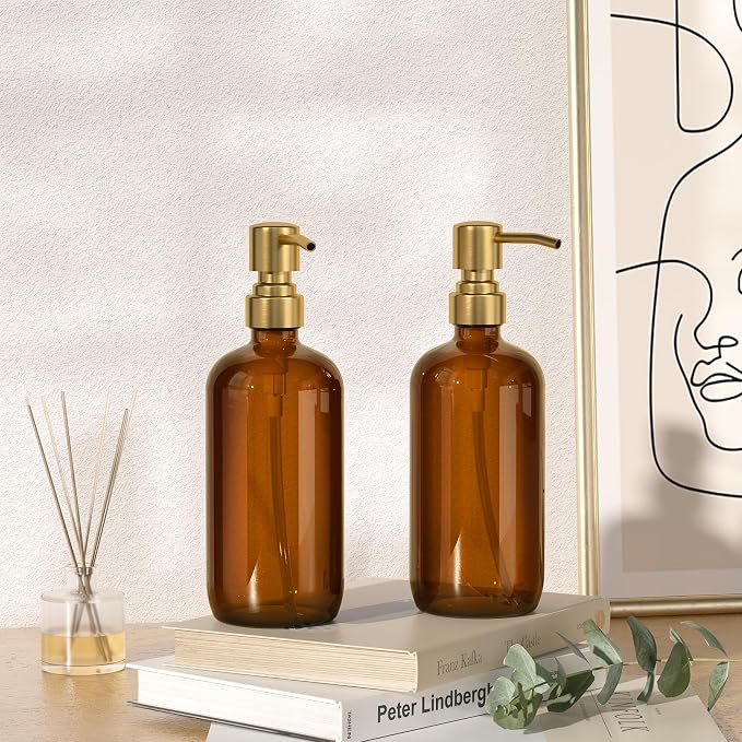 AmazerBath Amber Glass Soap Dispenser, 2 Pack Vintage Brown Bottle - Image 8