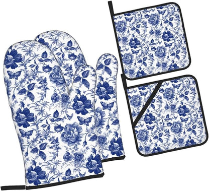 Blue and White Porcelain Floral Butterfly Oven Mitts and Pot Holders Set of 4 - Image 9