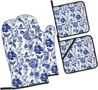 Blue and White Porcelain Floral Butterfly Oven Mitts and Pot Holders Set of 4 - Image 8
