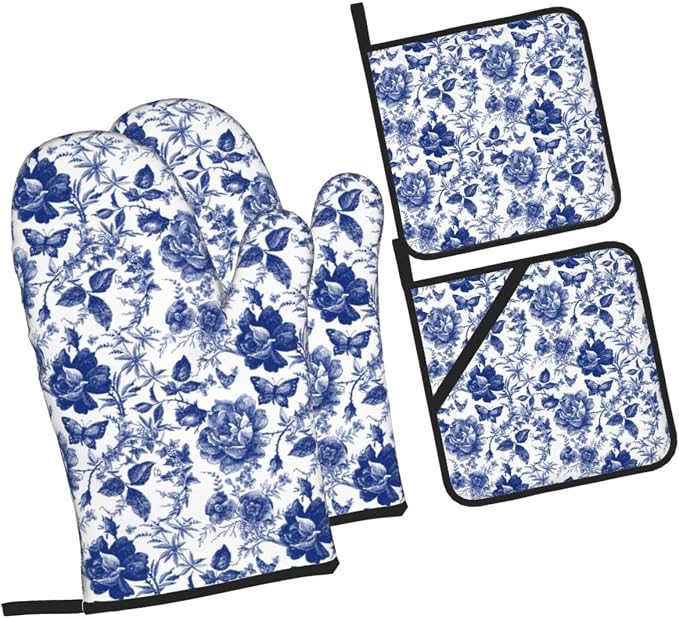 Blue and White Porcelain Floral Butterfly Oven Mitts and Pot Holders Set of 4 by Unknown