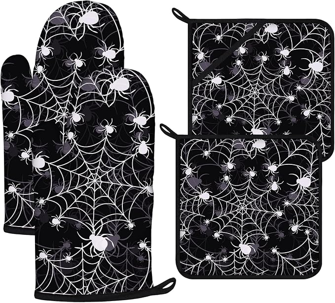 Spider Web Oven Mitts and Pot Holders Sets 4Pcs, Extra Long Oven Gloves by VisittheDuibelproduct