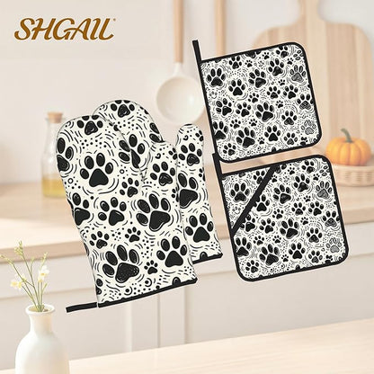 Black White Paw Oven Mitts & Potholder Set of 4 - Image 2
