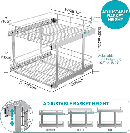 2 Tier Pull Out Cabinet Organizer 20" W X 22" D, Slide Out Drawers - Image 2
