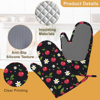Cherry Oven Mitts and Pot Holders Sets of 4, Heat Resistant Daisy Floral - Image 3