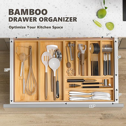 Kitchen Drawer Organizer Tray, Stackable Bamboo Deep Drawer Organizer - Image 3
