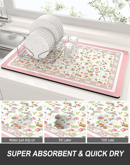 Rnivvi Dish Drying Mat for Kitchen Counter, 12 x 19" Cute Flower Theme Super - Image 3