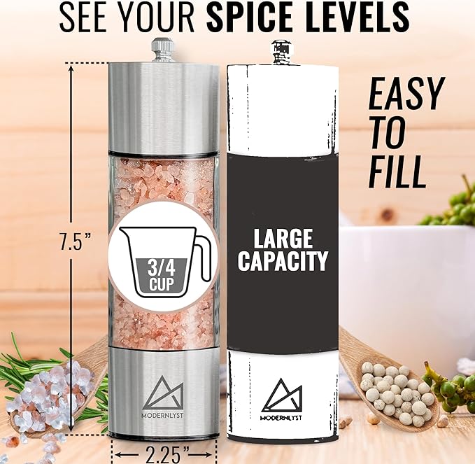 Salt and Pepper Grinder Set Manual 2 Pack | Large Round Salt and Pepper Shakers - Image 3