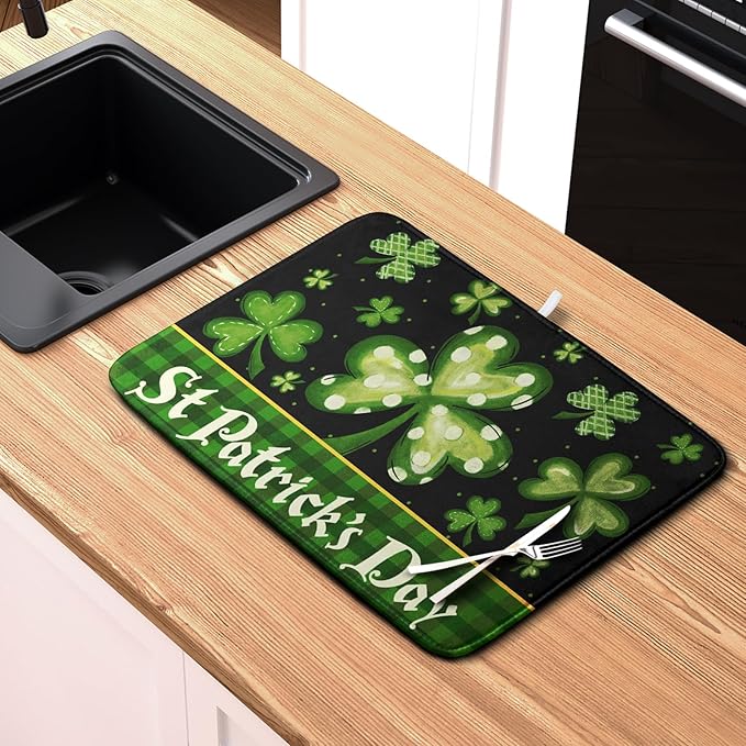Happy St. Patrick's Day Kitchen Drying Mat Green Plaid Lucky Shamrock Clover - Image 6