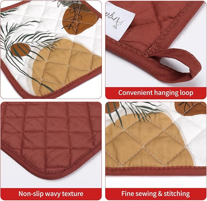 Boho Leaf Oven Mitts and Pot Holders Sets 4Pcs, 100% Cotton Heat Resistant - Image 3