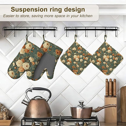 Vintage Rose Flower Oven Mitts and Pot Holders Set of 4, Retro Floral Kitchen - Image 5