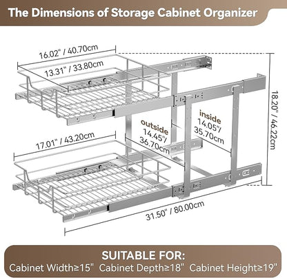 2 Tier Pull Out Cabinet Organizer 15" W X 17" D, Slide Out Drawers - Image 2