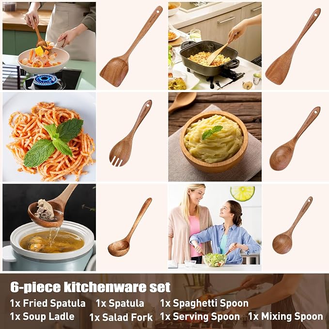 Wooden Spoons - Wooden Spoons for Cooking, Natural Wooden Kitchen Utensils Set - Image 4