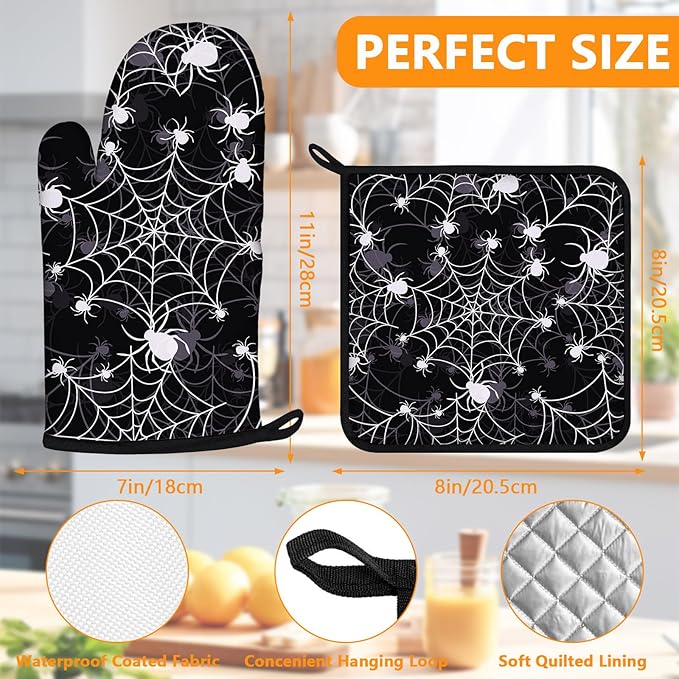 Spider Web Oven Mitts and Pot Holders Sets 4Pcs, Extra Long Oven Gloves - Image 2