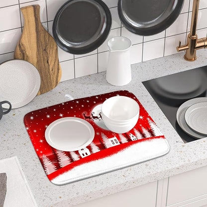 Christmas Reindeer Moon Star Red Dish Drying Mat - Image 6