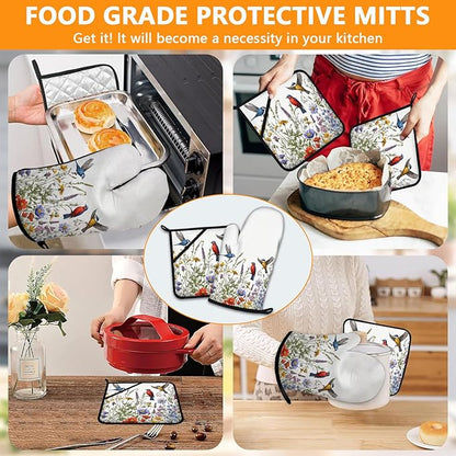 Wildflowers Birds Oven Mitts and Pot Holders Sets 4Pcs, Extra Long Oven Gloves - Image 7