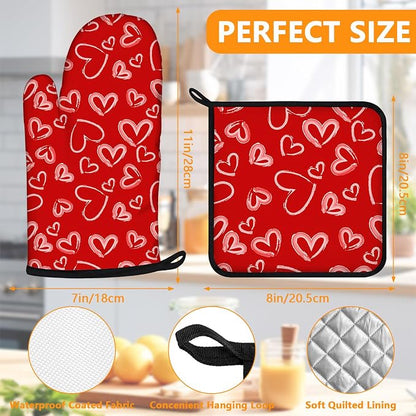 White Love Hearts Oven Mitts and Pot Holders Sets 4Pcs, Extra Long Oven Gloves - Image 2