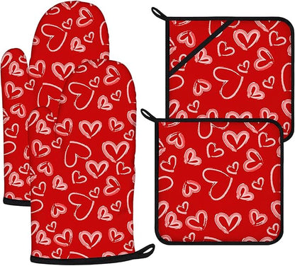 White Love Hearts Oven Mitts and Pot Holders Sets 4Pcs, Extra Long Oven Gloves by VisittheDuibelproduct