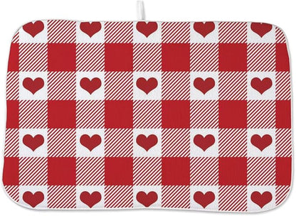 Happy Valentines Day Dish Drying Mat 18 x 24 inch Red Checkered Love Hearts by AEIOAE