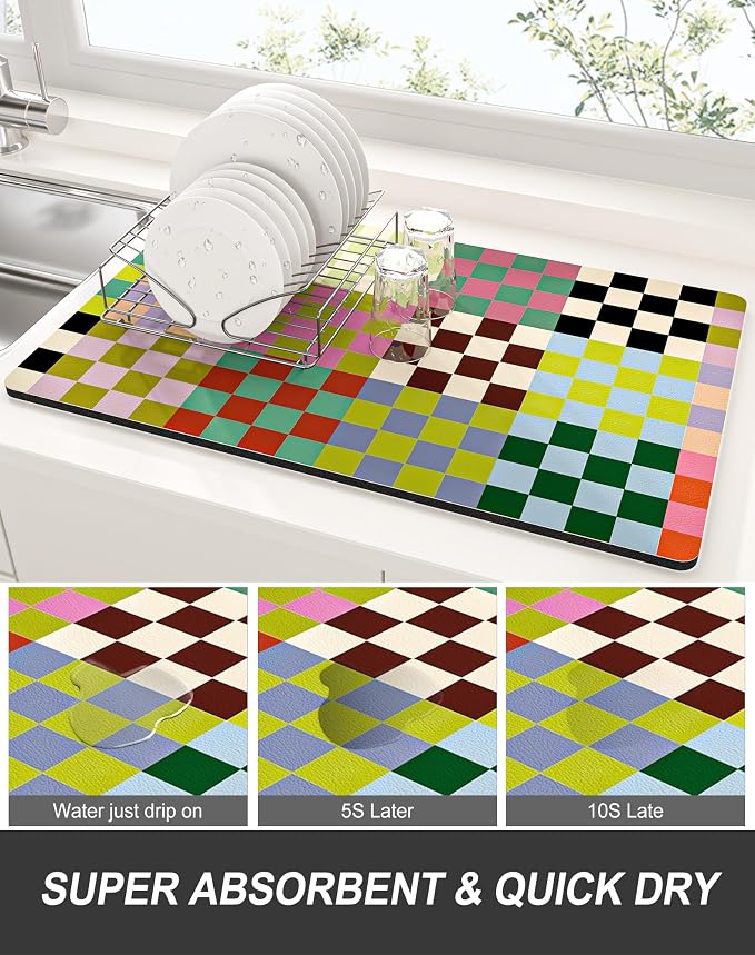 Rnivvi Dish Drying Mat for Kitchen Counter, 12 x 19" Cute Checkered Absorbent - Image 3