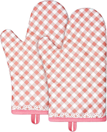AUAUY Pink Oven Mitts, Kitchen Mittens, 392F Heat Resistant Non-Slip Gloves by AUAUY