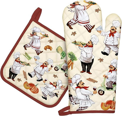 Chef Oven Mitts and Pot Holders Sets 2Pcs, 100% Cotton Heat Resistant, Extra by Arquiel