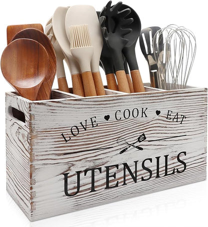 Rustic White Wooden Utensil Holder by Renawe
