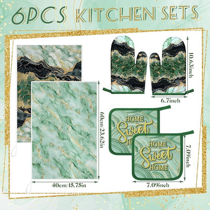 Bencailor 6 Pcs Marble Kitchen Decor Gold Pot Holders Oven Mitts 2 Dish Towels - Image 3