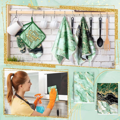 Bencailor 6 Pcs Marble Kitchen Decor Gold Pot Holders Oven Mitts 2 Dish Towels - Image 2