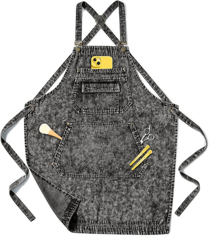 Denim Apron with Pockets for Hair Stylist Gardening Craftsmen Barista Women by Vammcht
