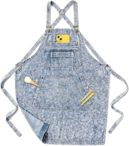 Denim Apron with Pockets for Hair Stylist Gardening Craftsmen Barista Women by Vammcht