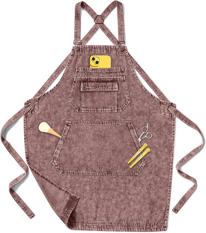 Denim Apron with Pockets for Hair Stylist Gardening Craftsmen Barista Women by Vammcht
